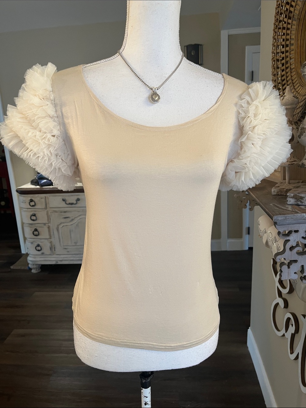 Blondita Cream Short Sleeve Tee with Ruffle Puff Sleeves